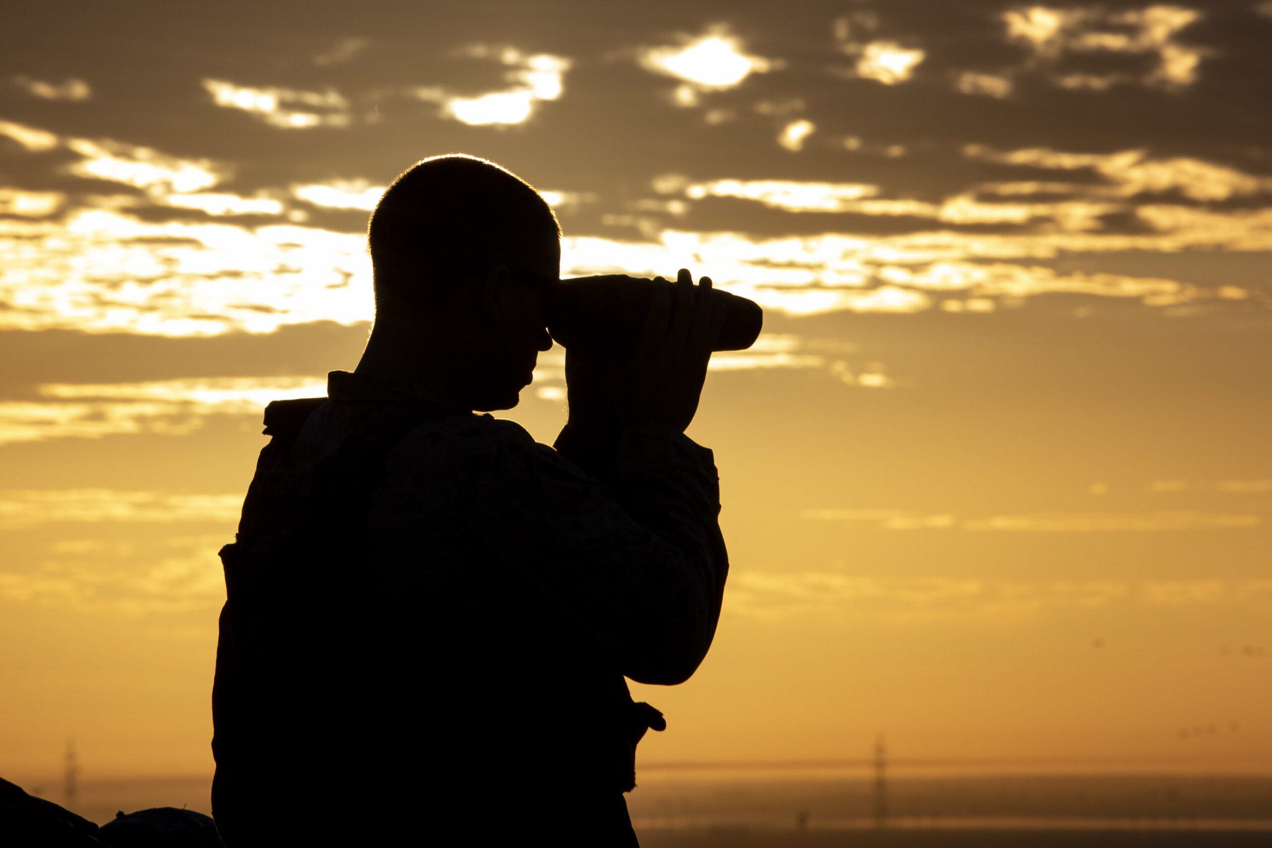 Silhouette of a navy sailor against a golden sky