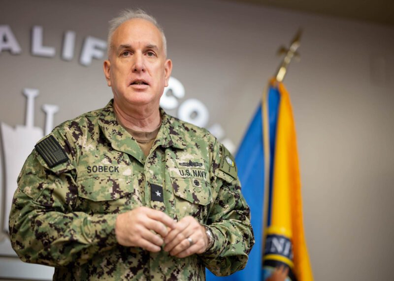 Rear. Adm. Philip E Sobeck, Commander, Military Sealift Command (MSC), delivers remarks during the command's birthday celebration, Oct. 1, 2024. 