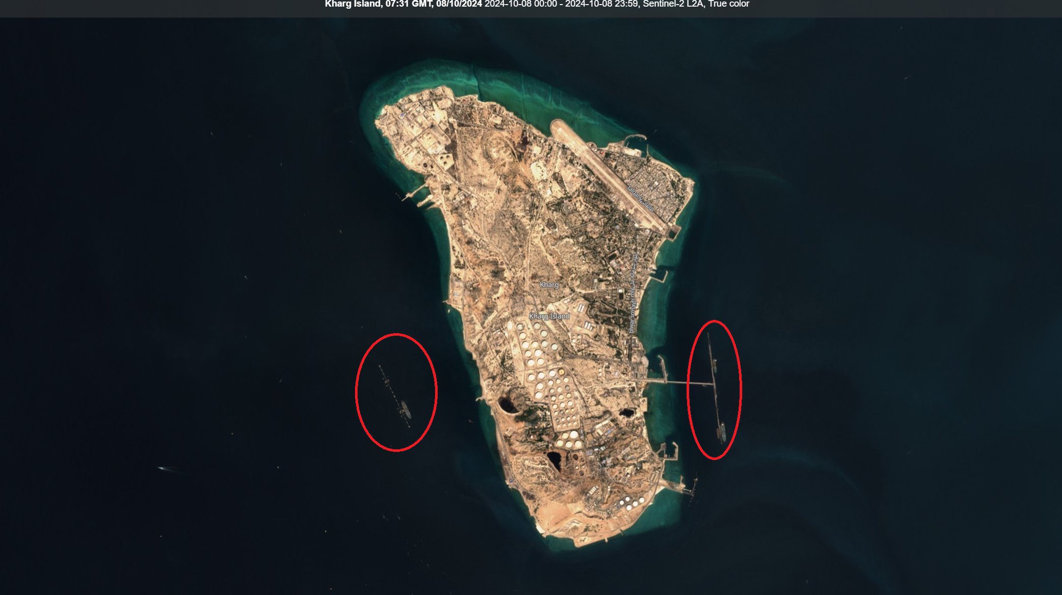 Satellite imagery captured by the European Space Agency's Copernicus Sentinel-2 shows three tankers at Iran's Kharg Island export terminal, October 8, 2024.