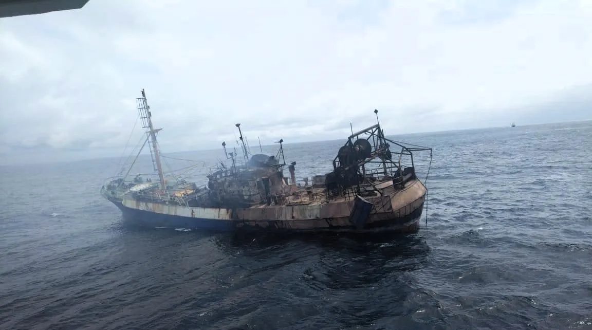 The casualty fishing vessel, MFV Armana photographed while drifting after it was abandoned by its 20 member crew on discovery of fire on board on Sunday and before it vanished during the early hours of Monday morning in an ocean location some 57 nautical miles south of Gansbaai in South Africa’s Western Cape province. (Photo: Supplied)