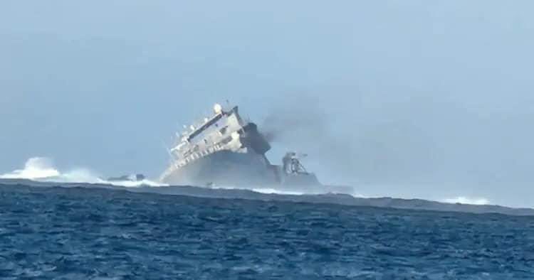 A view of the HMNZS Manawanui after running aground and capsizing off Samoa on October 5, 2024.