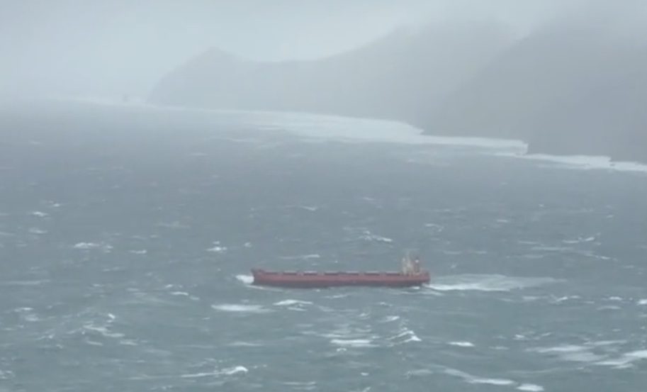 The Pan Viva, a 738-foot cargo vessel, beset by weather 2.3 miles northeast of Unalaska, Oct. 12, 2024.