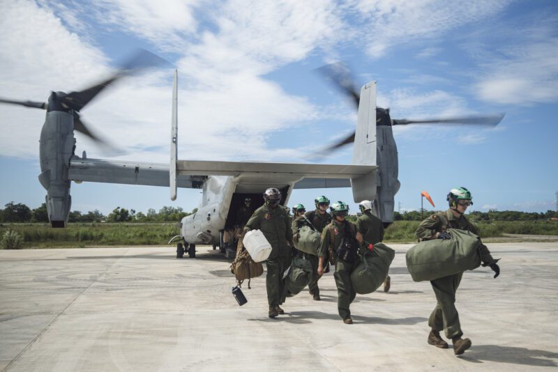 U.S. Marines assigned to Marine Medium Tiltrotor Squadron (VMM) 165 (Reinforced), 15th Marine Expeditionary Unit, arrive at Laoag International Airport in Laoag City, Ilocos Norte, Philippines, to support foreign disaster relief operations, Oct. 8, 2024.