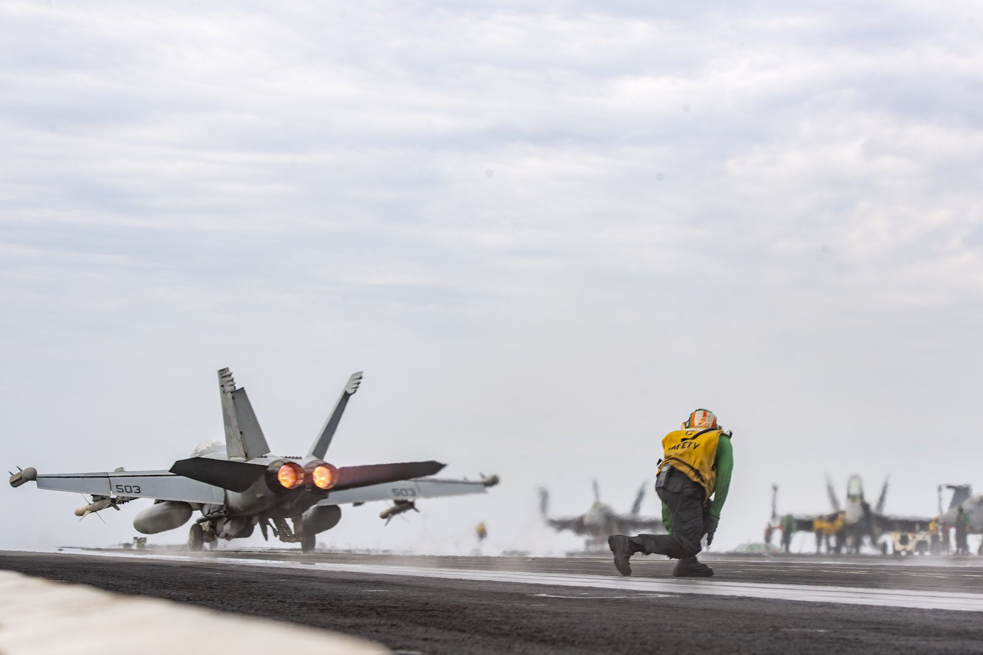 An E/A-18G Growler, attached to the "Zappers" of Electronic Attack Squadron (VAQ) 130, launches off of the flight deck of the Nimitz-class aircraft carrier USS Dwight D. Eisenhower (CVN 69) in the Red Sea, March 23, 2024.