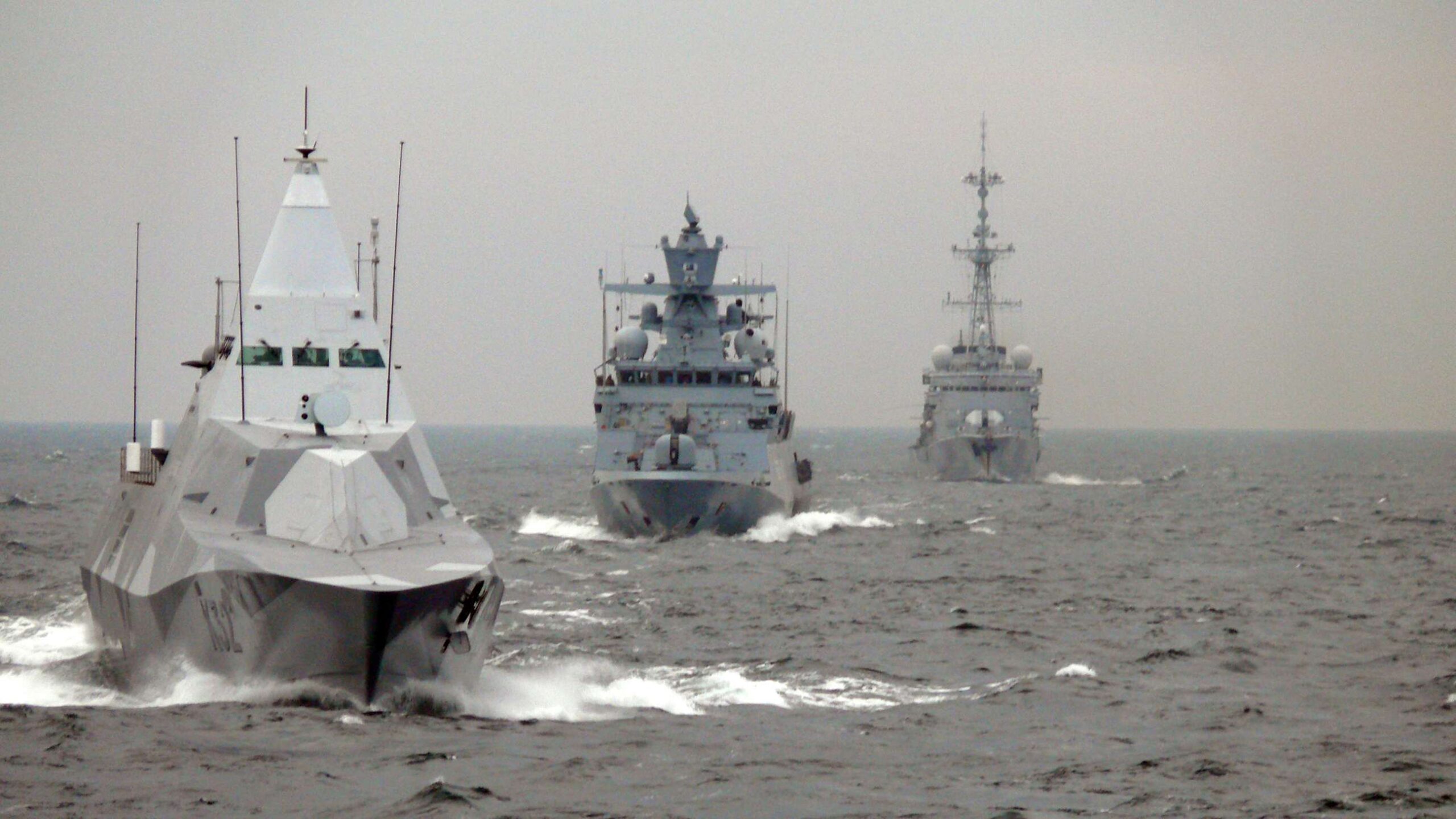 A Swedish and a German corvette and a French frigate during exercise Northern Coasts 2019 in the Baltic Sea.