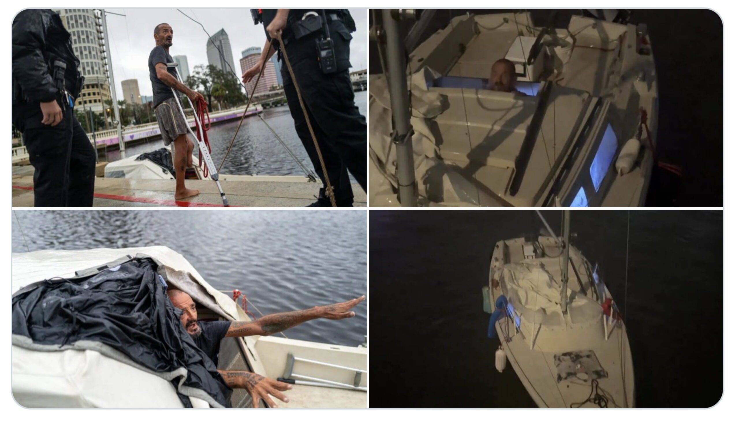 Four photos of Lieutenant Dan defeying police and surviving Hurricane Milton