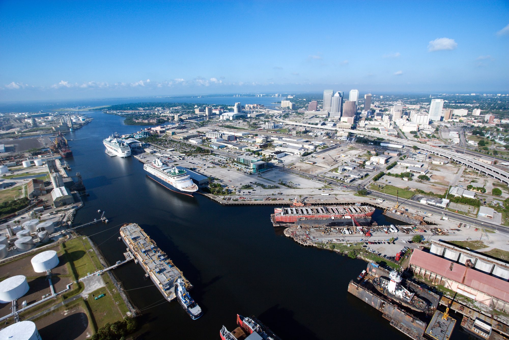 Aerial view of Tampa Bay Area, Flordia with waterway and ships.