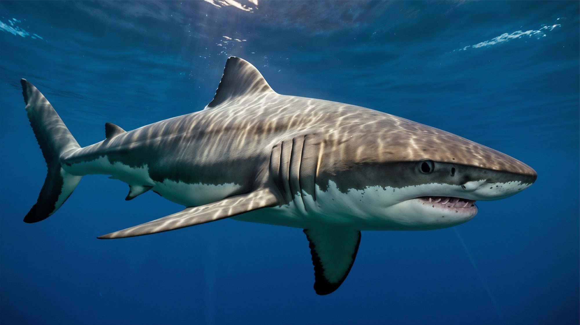 a great white shark. Great white sharks are one of the largest predatory fish in the world.