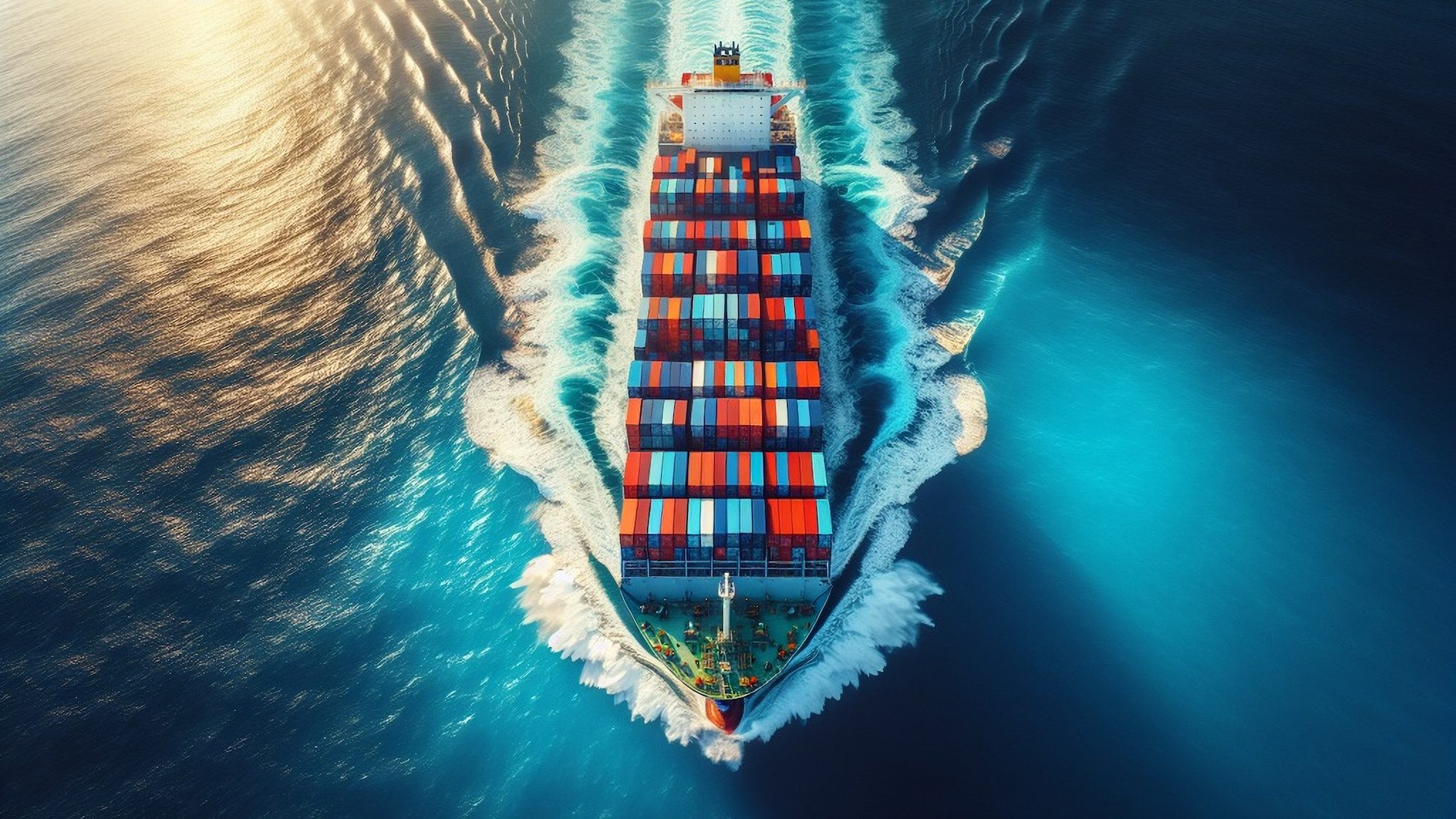 Aerial view of a large cargo container ship navigating through the ocean, showcasing vibrant red, blue, and yellow shipping containers on deck with white waves trailing behind