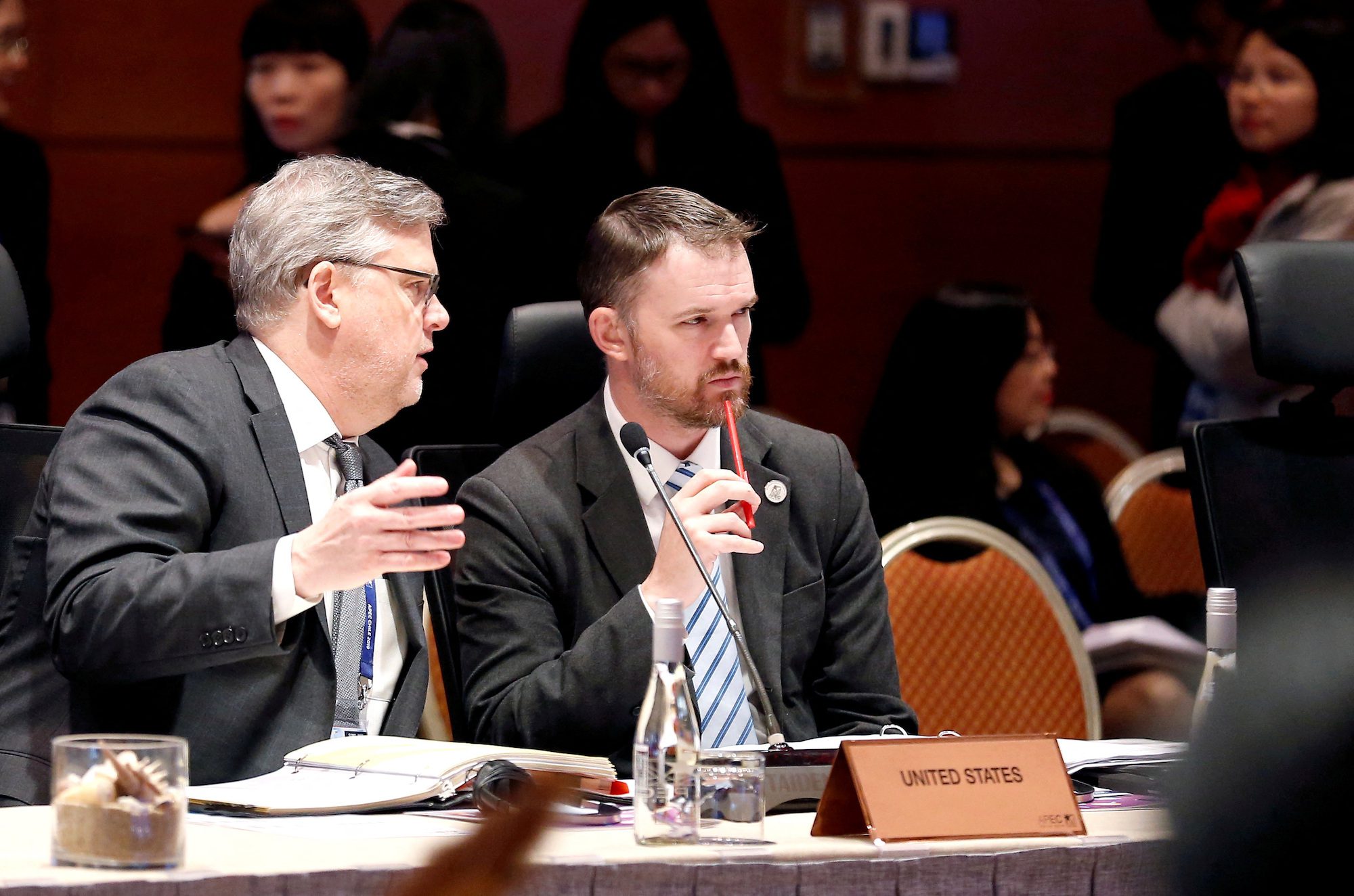 Chief of Staff of United States Trade Representative, Jamieson Greer (right), takes part in a meeting of Ministers Responsible for Trade (MRT)