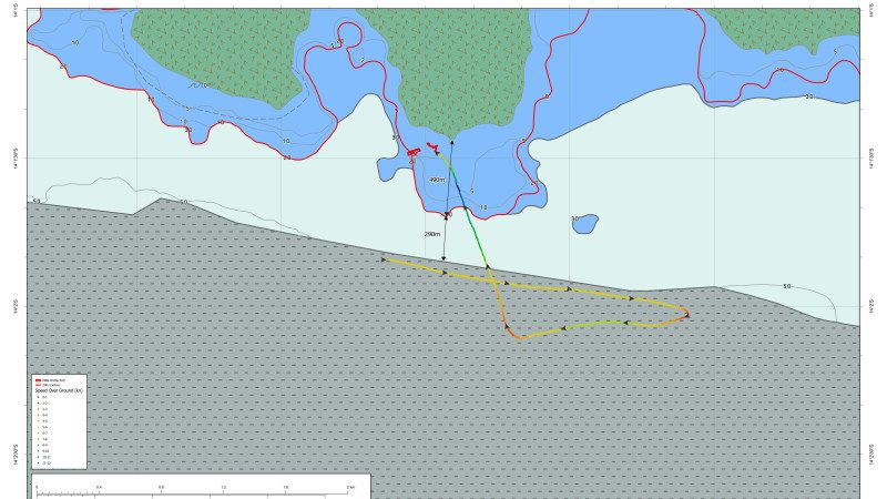 TRACK OF HMNZS MANAWANUI BEFORE GROUNDING AND SINKING.
