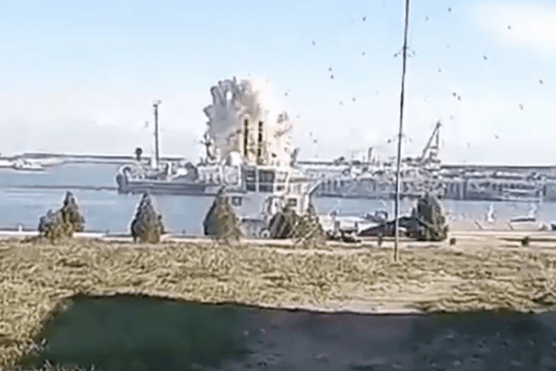 A screenshot of video posted to social media appears to show a low-flying drone and explosions at Kaspiysk’s port