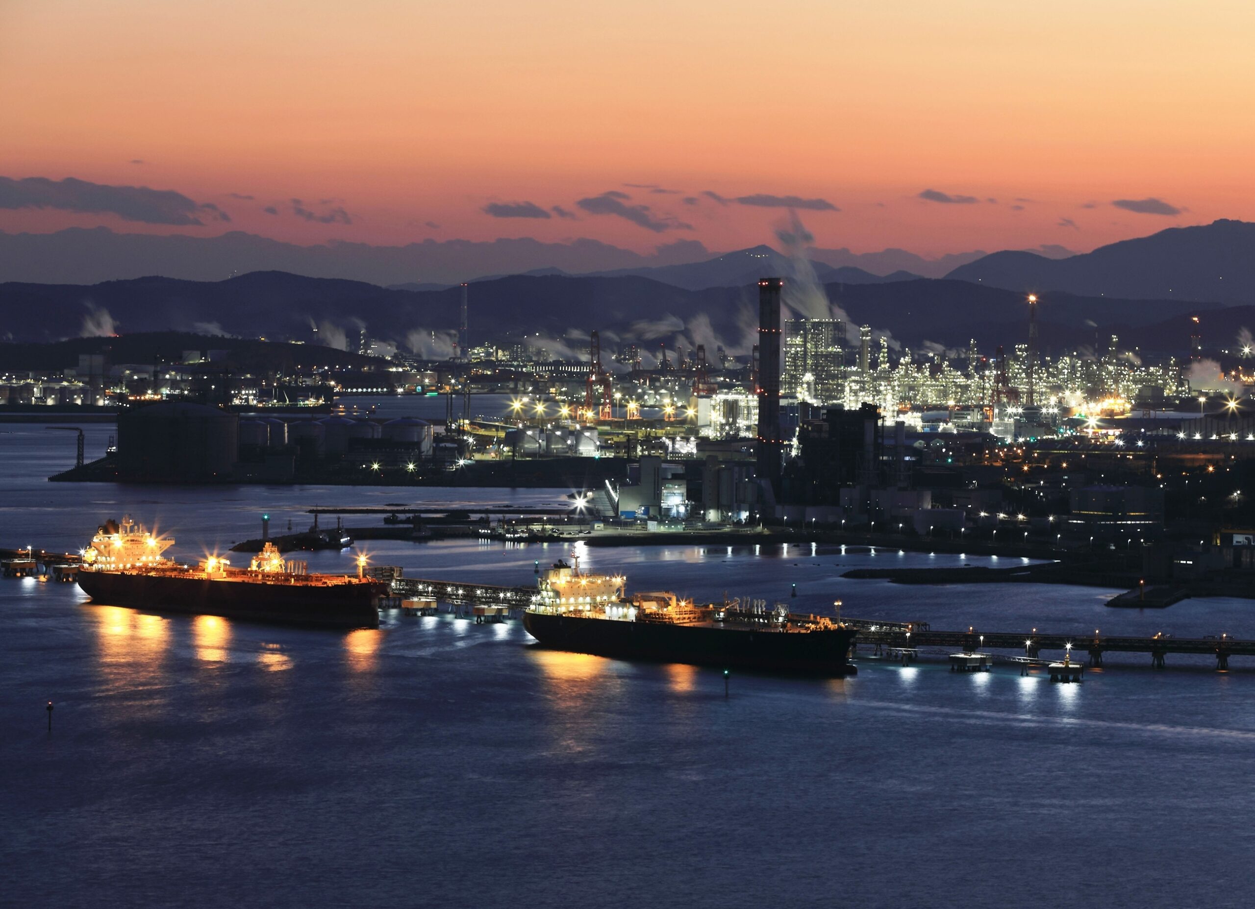 Tankers at a terminal at night