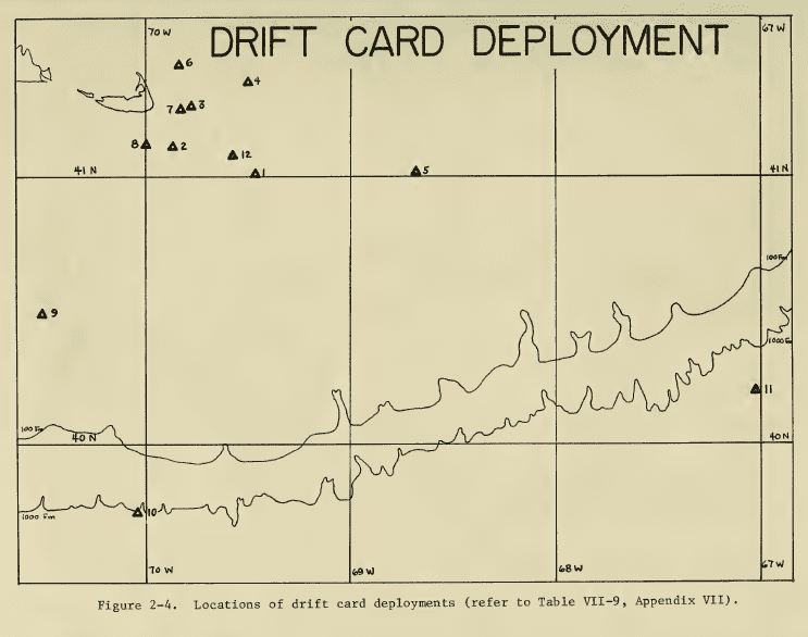 Map of drift card deployments in the region of the Argo Merchant oil spill, with Nantucket in the upper left corner