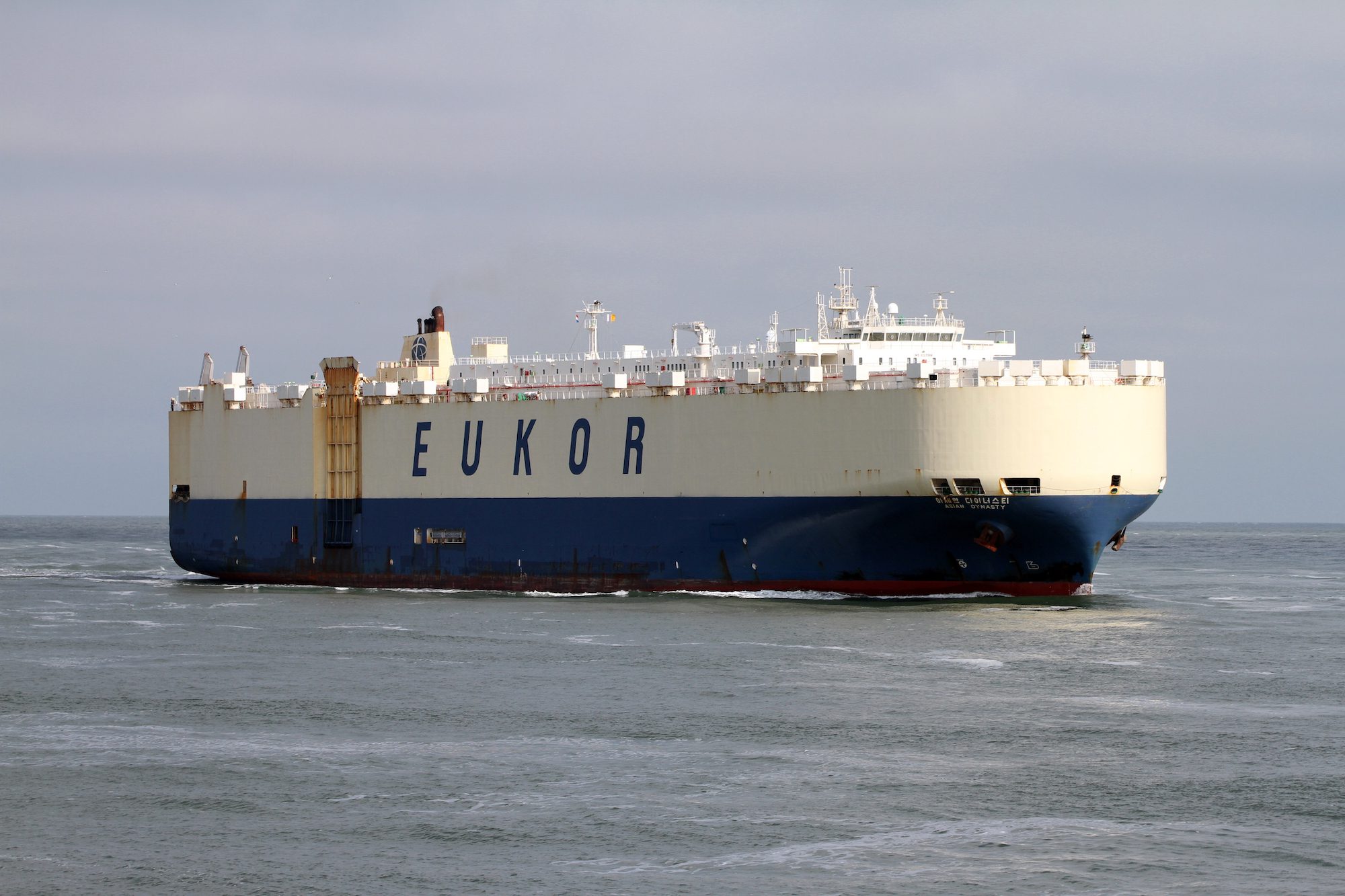 A Eukor car carrier arrives at the Port of Rotterdam