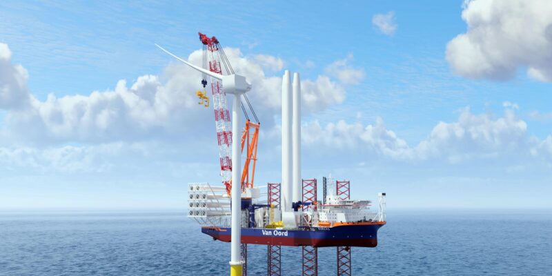 Illustration of the Boreas installing offshore wind turbines