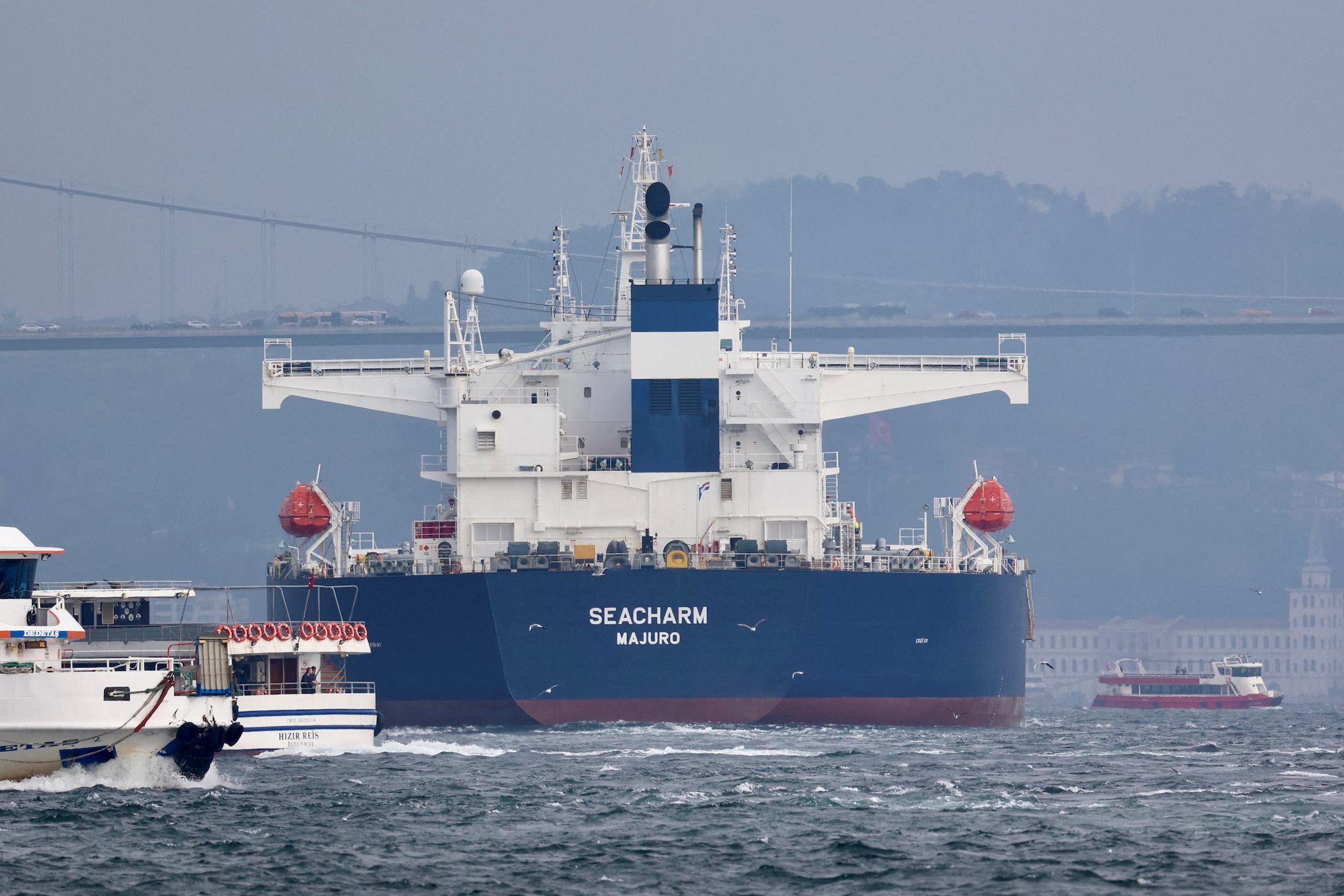 Marshall Islands-flagged crude oil tanker Seacharm transits the Bosphorus in Istanbul, Turkey,