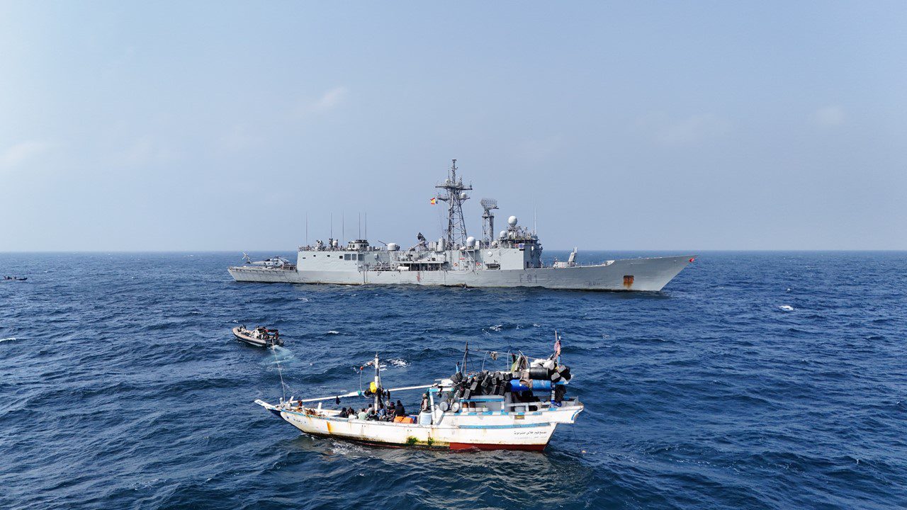 EUNAVFOR ATALANTA forces pictured near the “AL NAJMA”, the Yemeni fishing boat hijacked off Eyl, Northern coast of Puntland (Somalia) on February 8, 2025. Photo courtesy EUNAVFOR