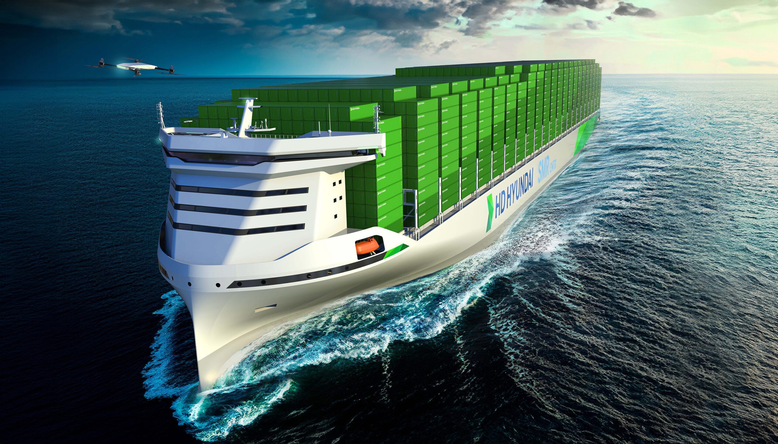 A rendering of a 15,000 TEU-class SMR-powered containership unveiled by HD Korea Shipbuilding & Offshore Engineering