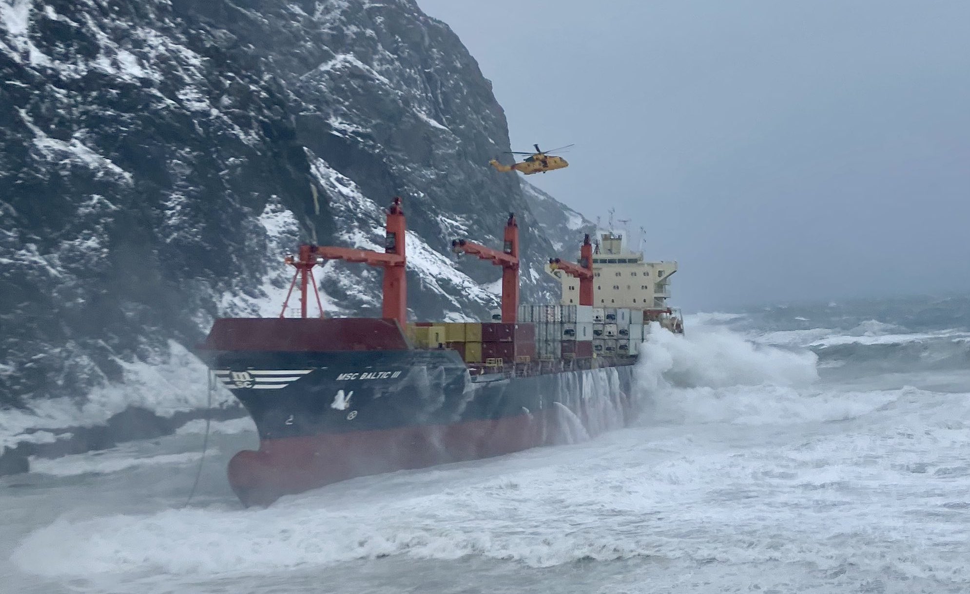 MSC Baltic III aground with waves crashing against it