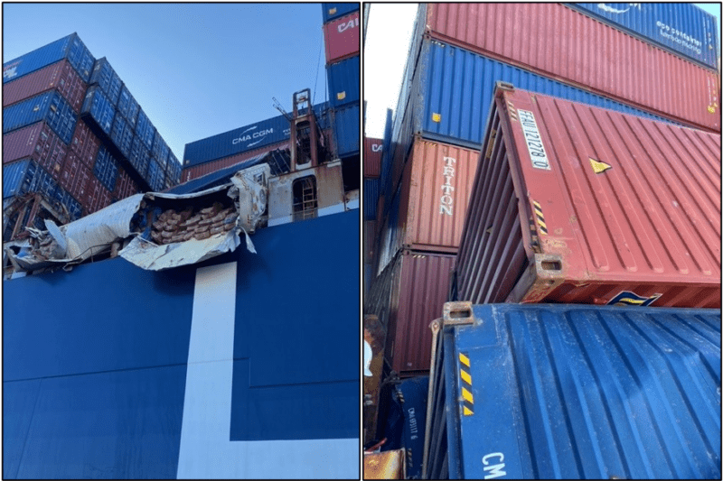 The area of the container collapse and a closer view of the collapsed containers on the President Eisenhower 
