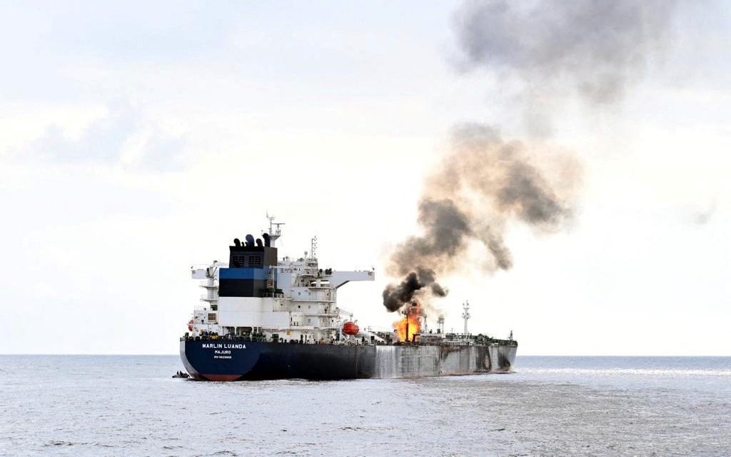 Smoke rises from Marlin Luanda, a tanker carrying Russian naphtha, after the vessel was struck by a Houthi anti-ship missile