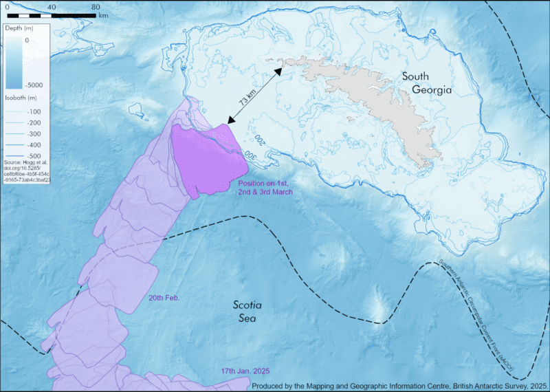 Graphic shows the route the A23a iceberg has taken since 17 January 2025 – and that it has been static since 1 March. Credit: the Mapping and Geographic Information Centre, British Antarctic Survey
