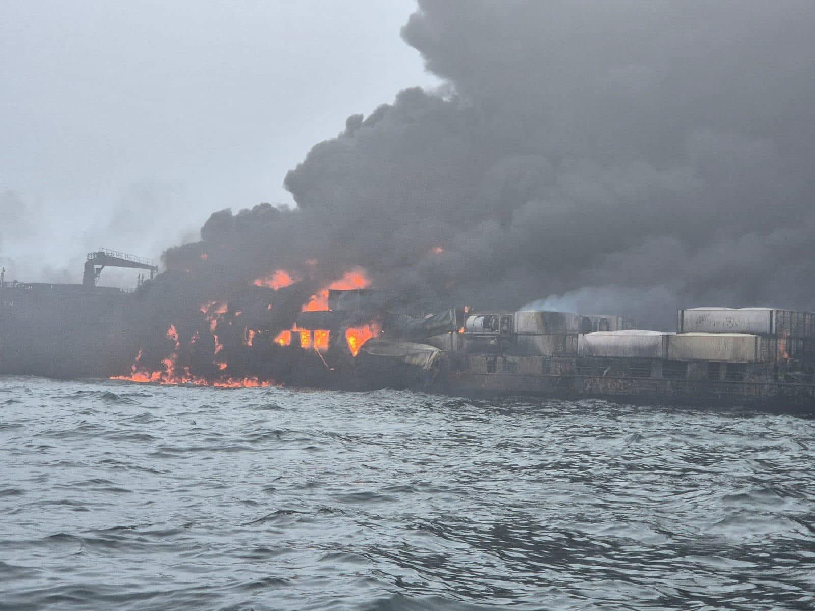 Photo from social media showing flames aboard the US flagged oil tanker Stena Immaculate