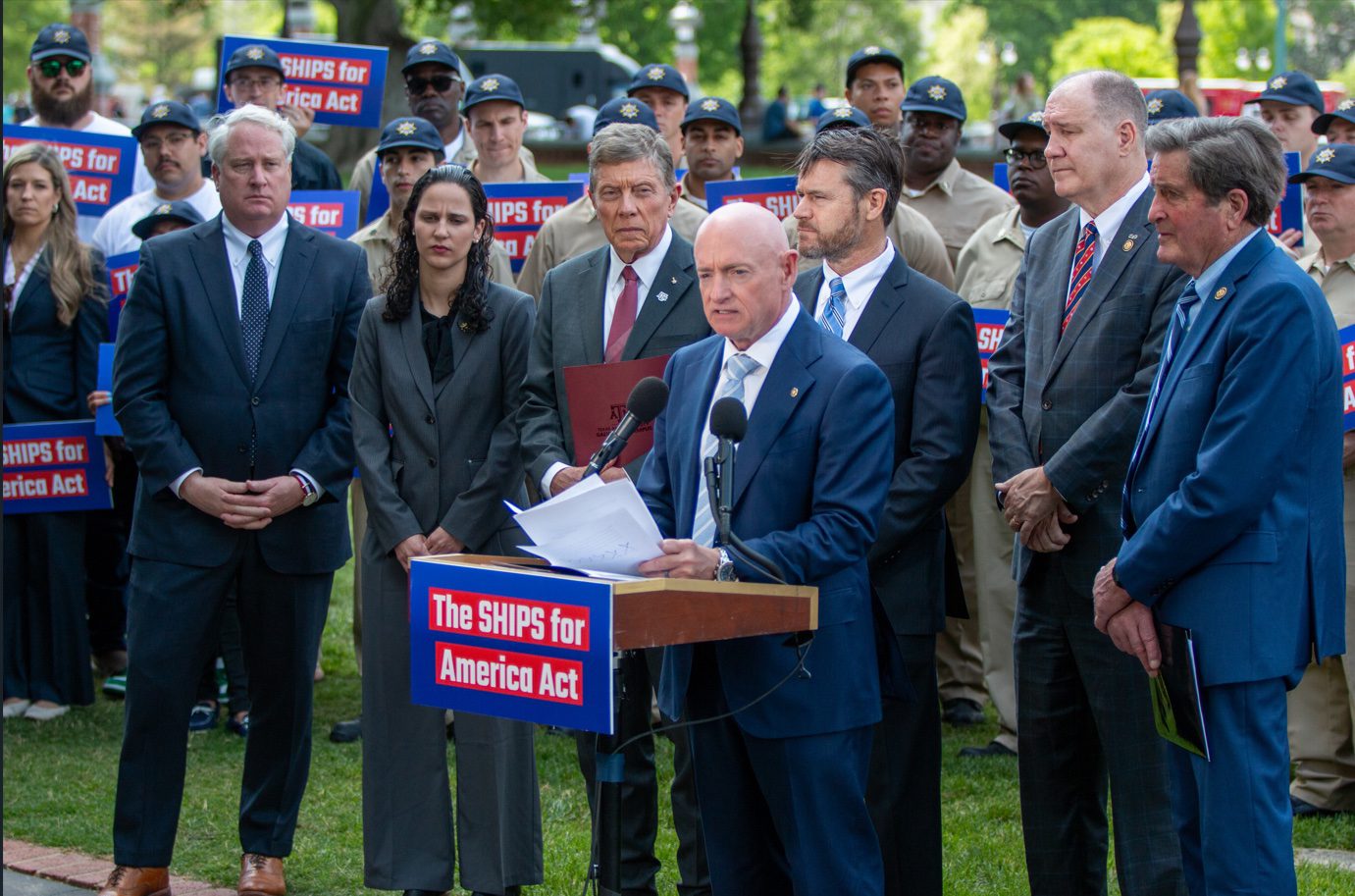 Sen. Kelly speaks at a Capitol Hill press conference on the SHIPS for America Act