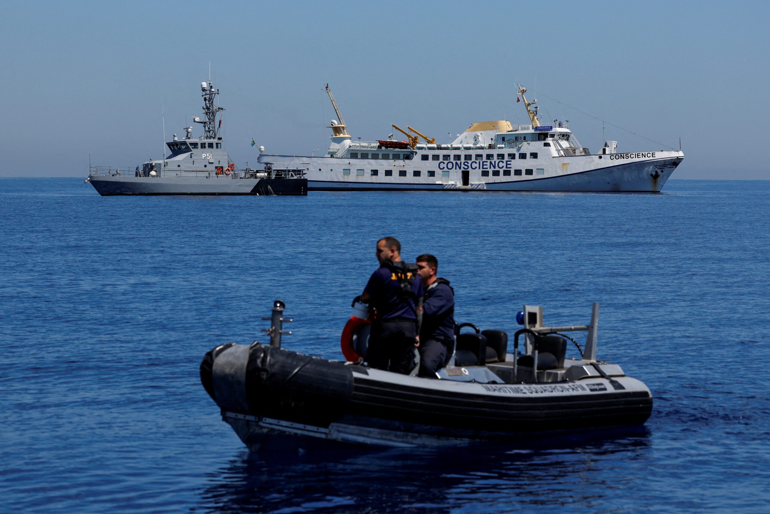 The damaged Gaza Freedom Flotilla vessel “Conscience” is seen anchored at sea outside Maltese territorial waters