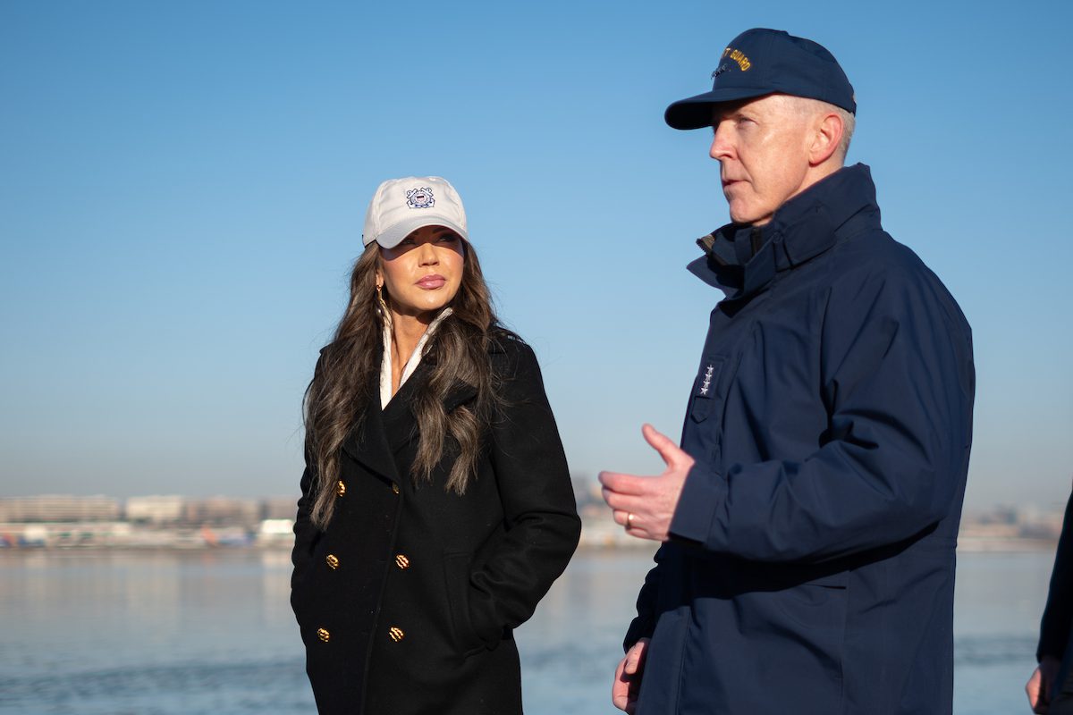 Secretary of Homeland Security Kristi Noem and Adm. Kevin Lunday, acting Commandant of the Coast Guard, discuss response efforts in Washington D.C., January 30, 2025.