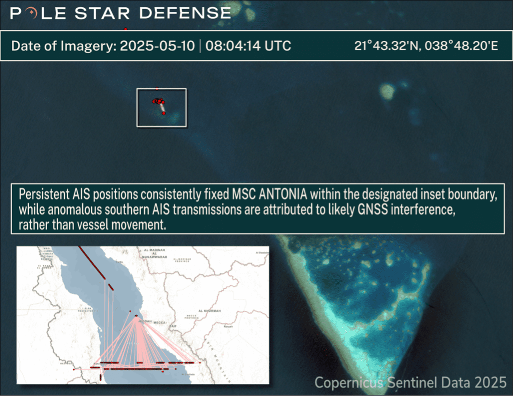 Persistent AIS positions fixed MSC ANTONIA within the designated inset boundary, while anomalous southern AIS transmissions are attributed to likely GNSS interference, rather than vessel movement. Image credit: Pole Star Global