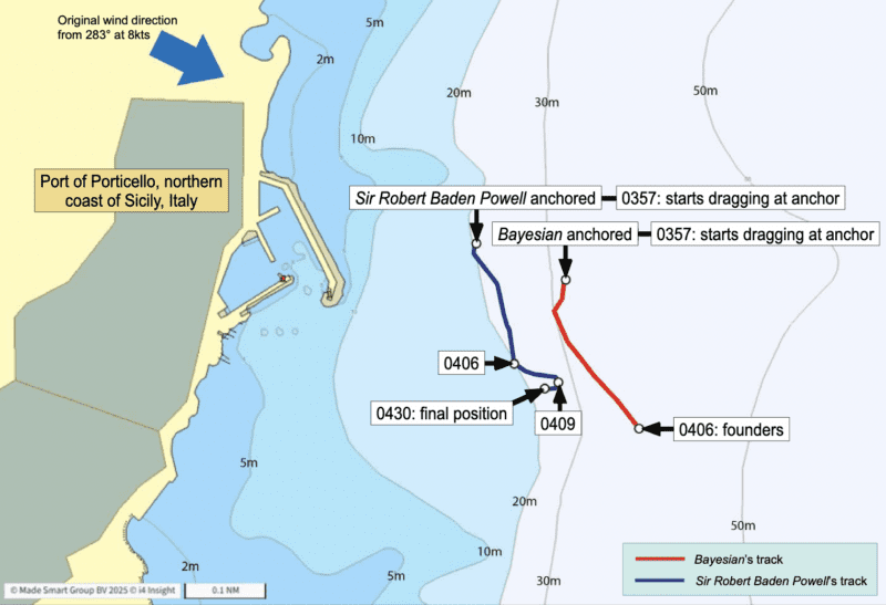 Map showing the location and tracks for Bayesian and Sir Robert Baden Powell on 19 August 2024