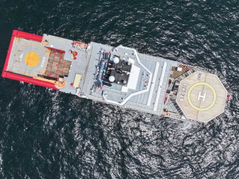 The U.S. Coast Guard Cutter Storis is shown here from a top view while underway