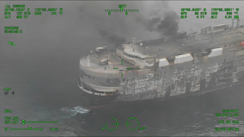A Coast Guard C-130J Super Hercules aircrew from Coast Guard Air Station Kodiak conducts an overflight of a fire aboard the cargo vessel Morning Midas approximately 260 miles southwest of Adak, June 8, 2025.