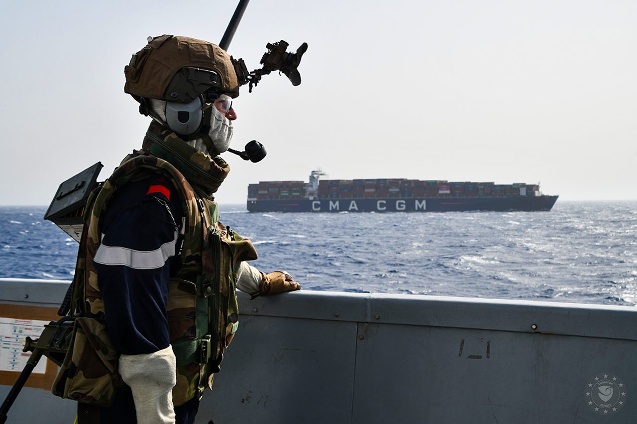 EUNAVFOR Aspides forces escort a CMA CGM containership in the Red Sea