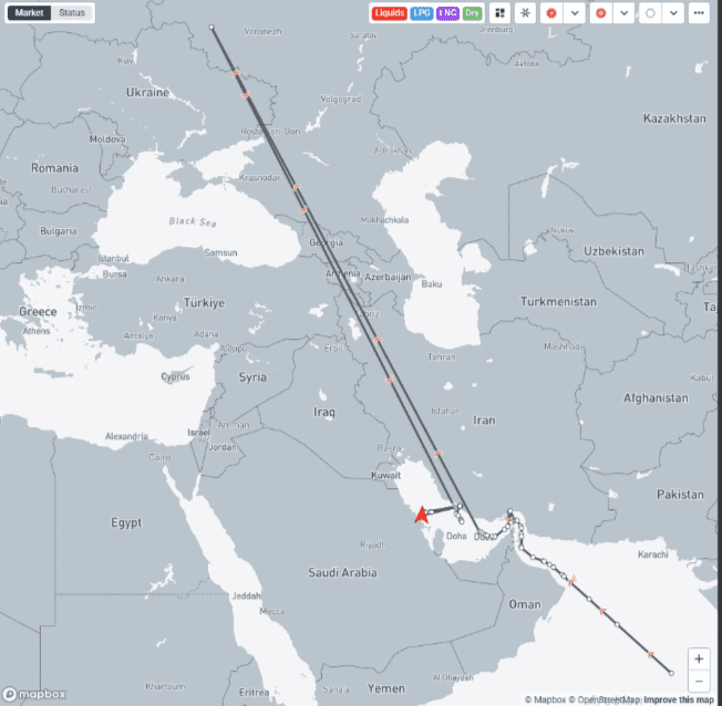 Kpler data shows oil tanker Front Tyne appearing to move over land on June 15 https://tmsnrt.rs/4ed0ca2
