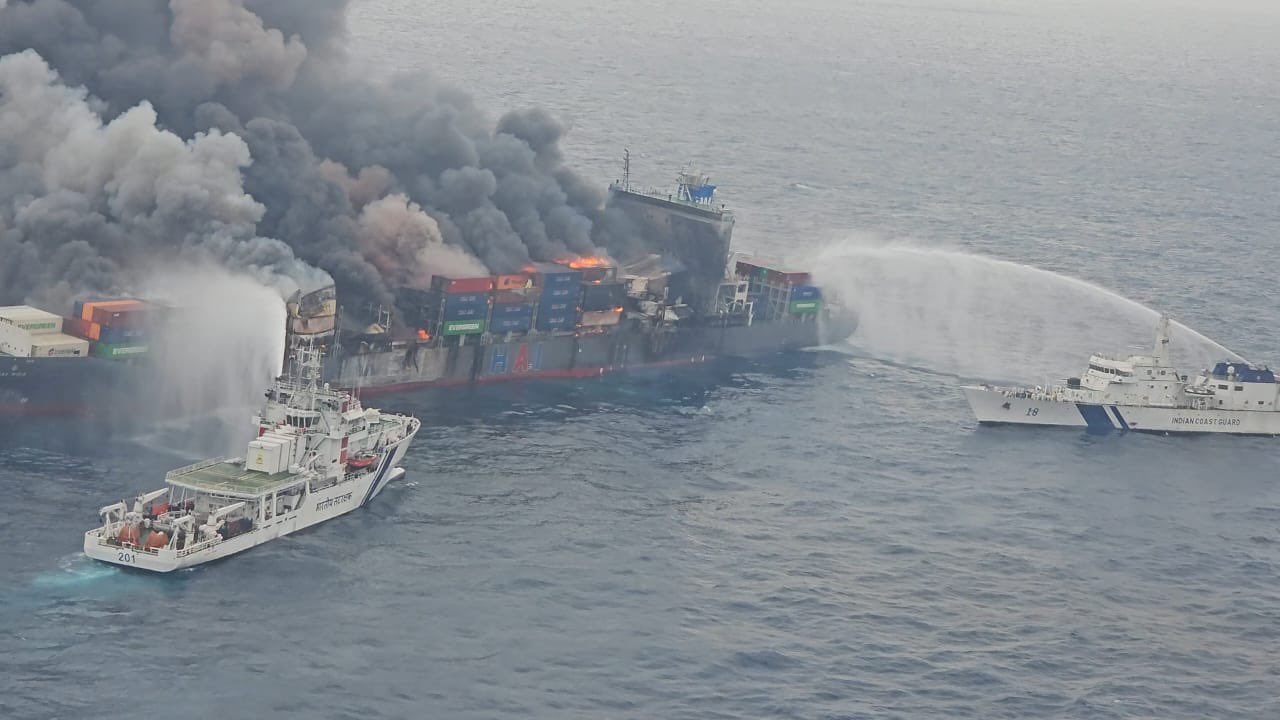 Photo shows Indian Coast Guard vessels fighting the fire on board the Wan Hai 503, June 10, 2025