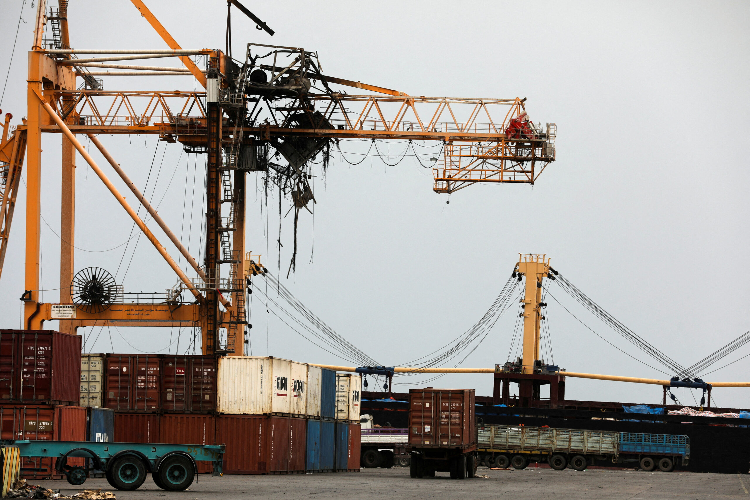 Bridge crane damaged by Israeli air strikes is pictured in the Red Sea port of Hodeidah