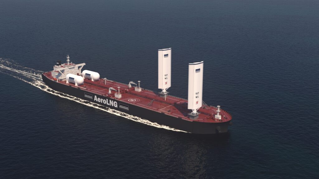Rendering of 37.5m WindWings on a Dual-Fuel LR2 tanker