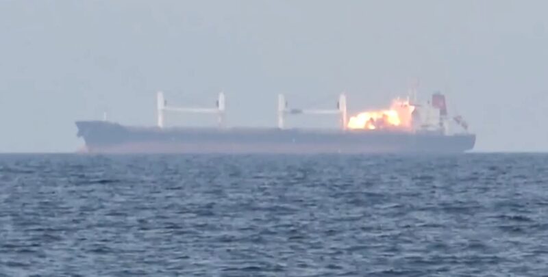 A missile explodes on the deck of the Eternity C