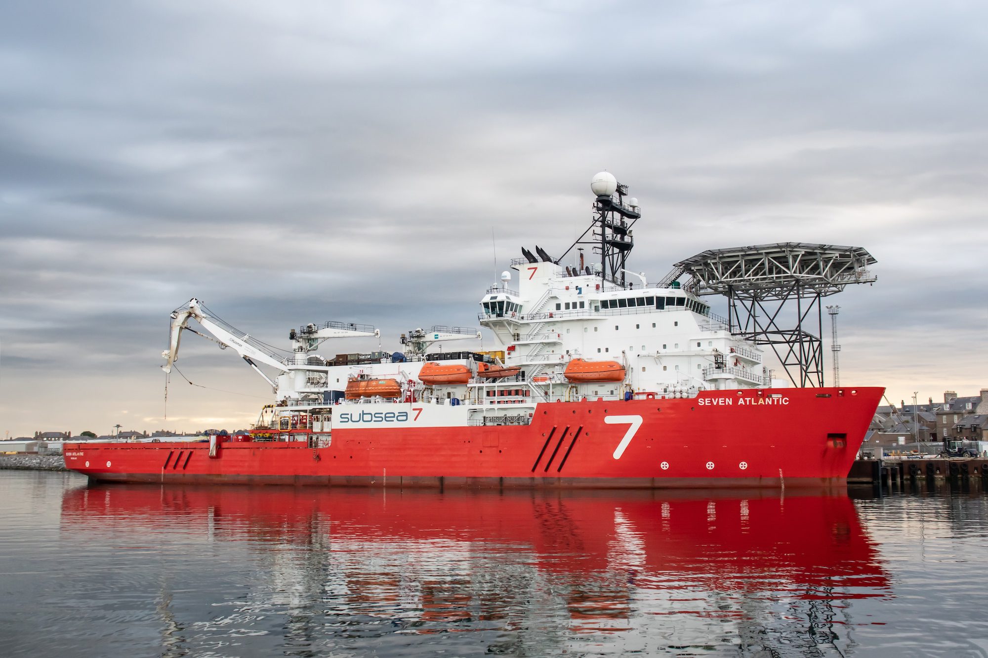 The Seven Atlantic offshore supply ship and dive vessel berthed in Peterhead Harbour in Aberdeenshire