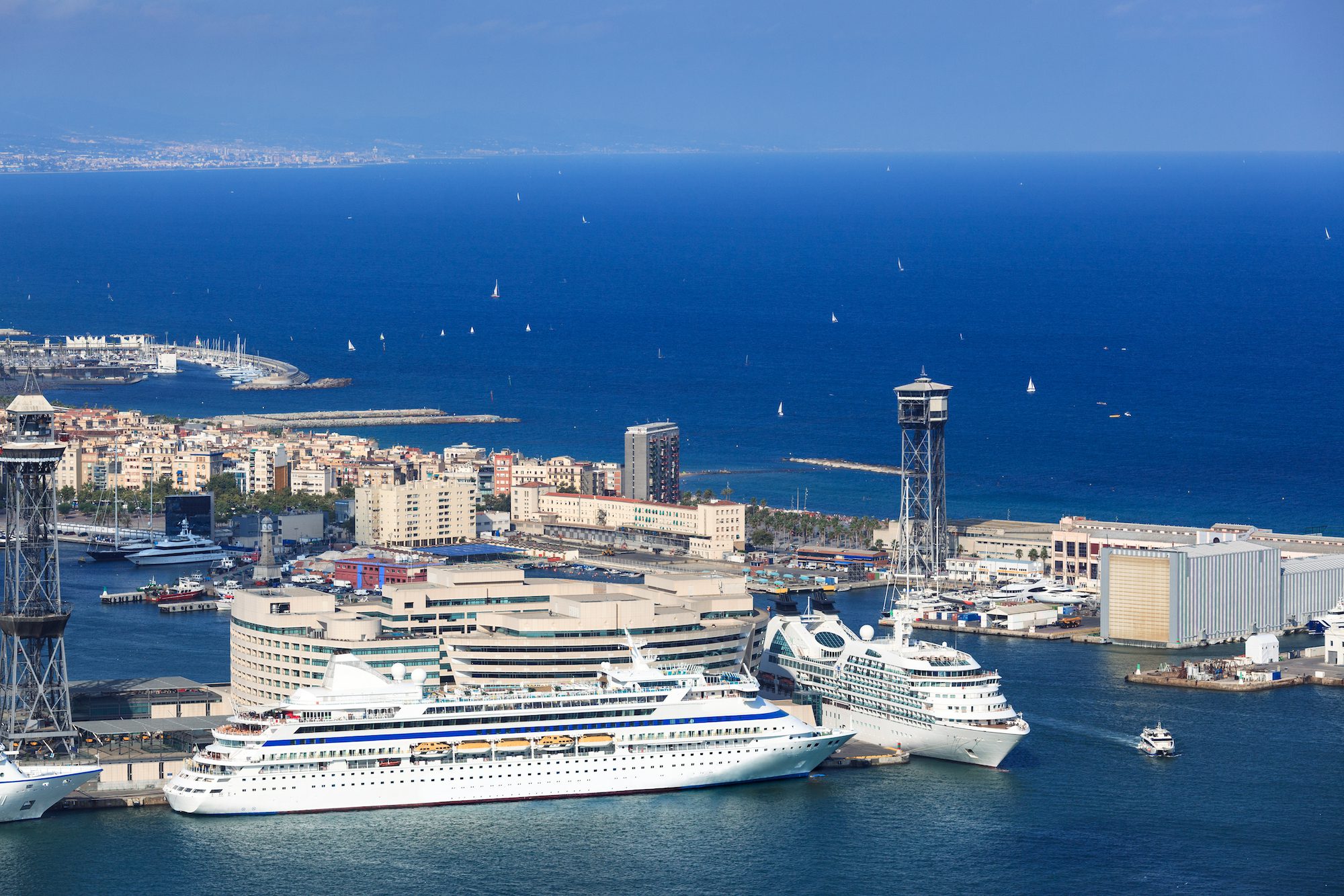Aerial of Barcelona's cruise port with cruise ships berthed