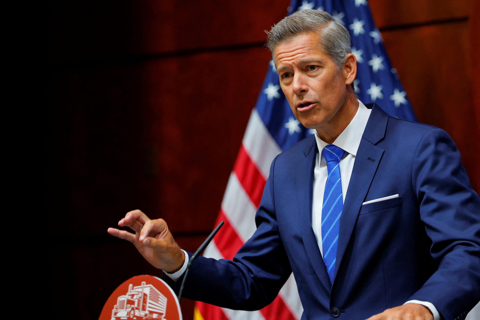 U.S. Transportation Secretary Sean Duffy a speaks during a press conference at the U.S. Department of Transportation in Washington