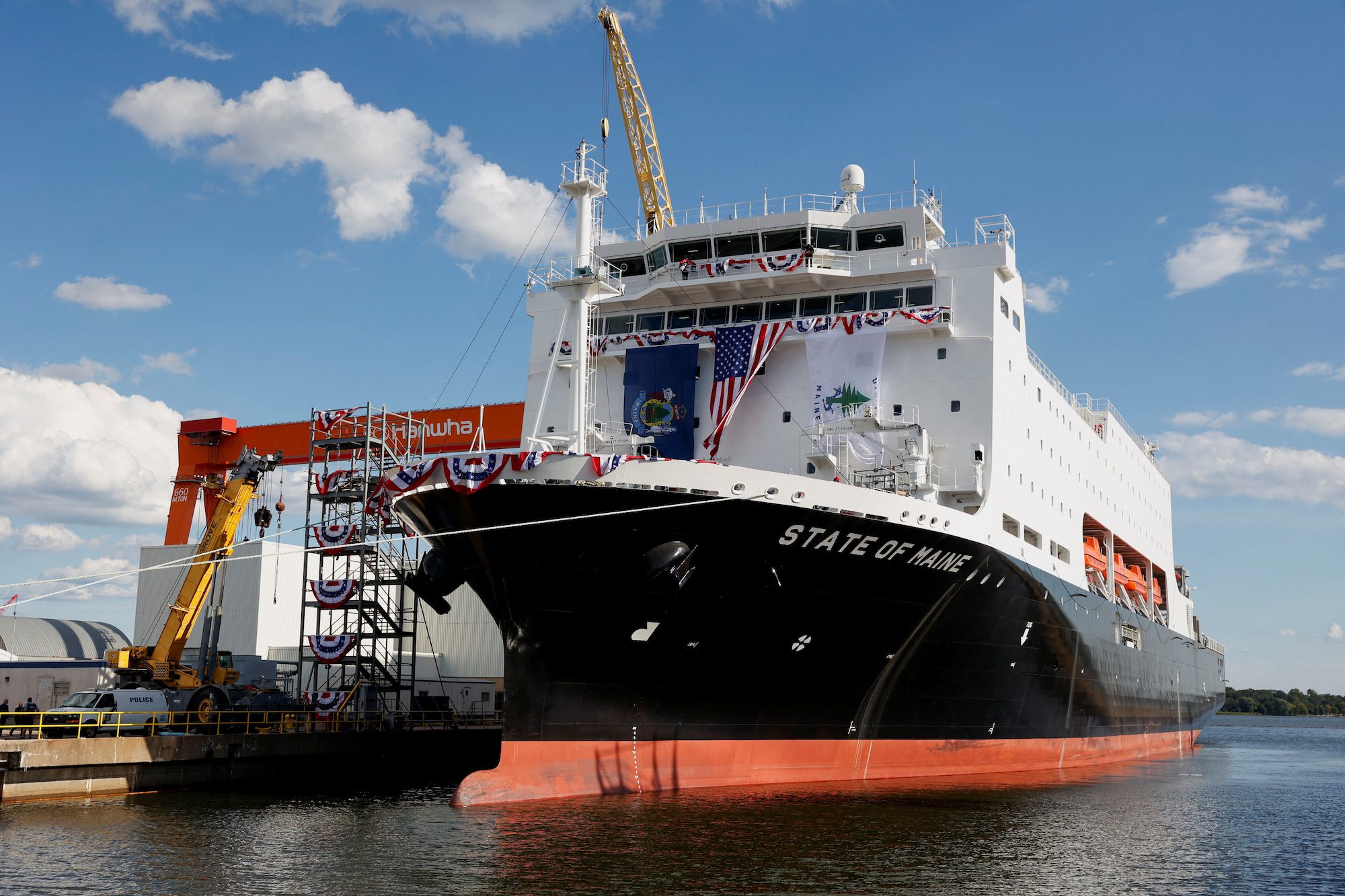 The National Security Multi-Mission Vessel (NSMV) "State of Maine" sits on the day it was christened, at the Hanwha Philly Shipyard in Philadelphia, Pennsylvania