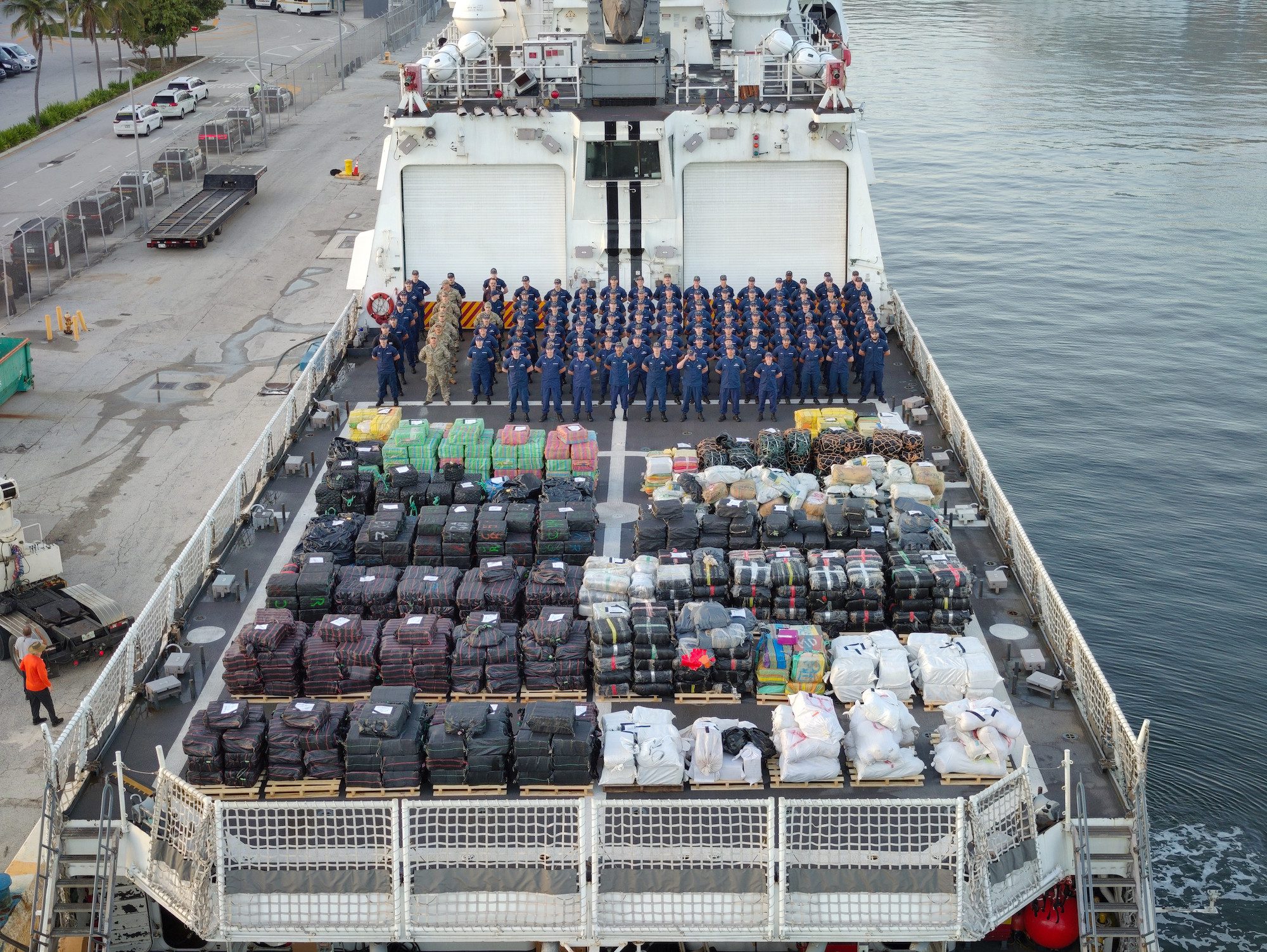 The U.S. Coast Guard Cutter Hamilton offloads more than 76,140 lbs of illicit narcotics at Port Everglades, Florida, on August 25, 2025