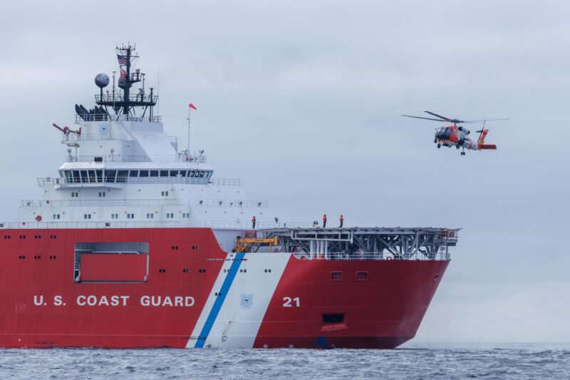 Crewmembers from the Coast Guard Cutter Storis (WAGB 21) conduct helicopter operations with an MH60-Jayhawk helicopter air crew from Coast Guard Air Station Kodiak, Alaska, while underway in the Gulf of Alaska
