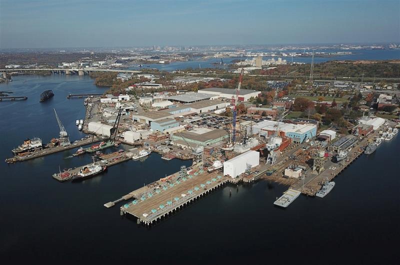 Aerial view of Coast Guard Yard in Baltimore. The Coast Guard awarded a contract for the reconstruction of Pier 1 (first from the left) on Sept. 9, 2025, to support future depot-level maintenance of the offshore patrol cutter class.