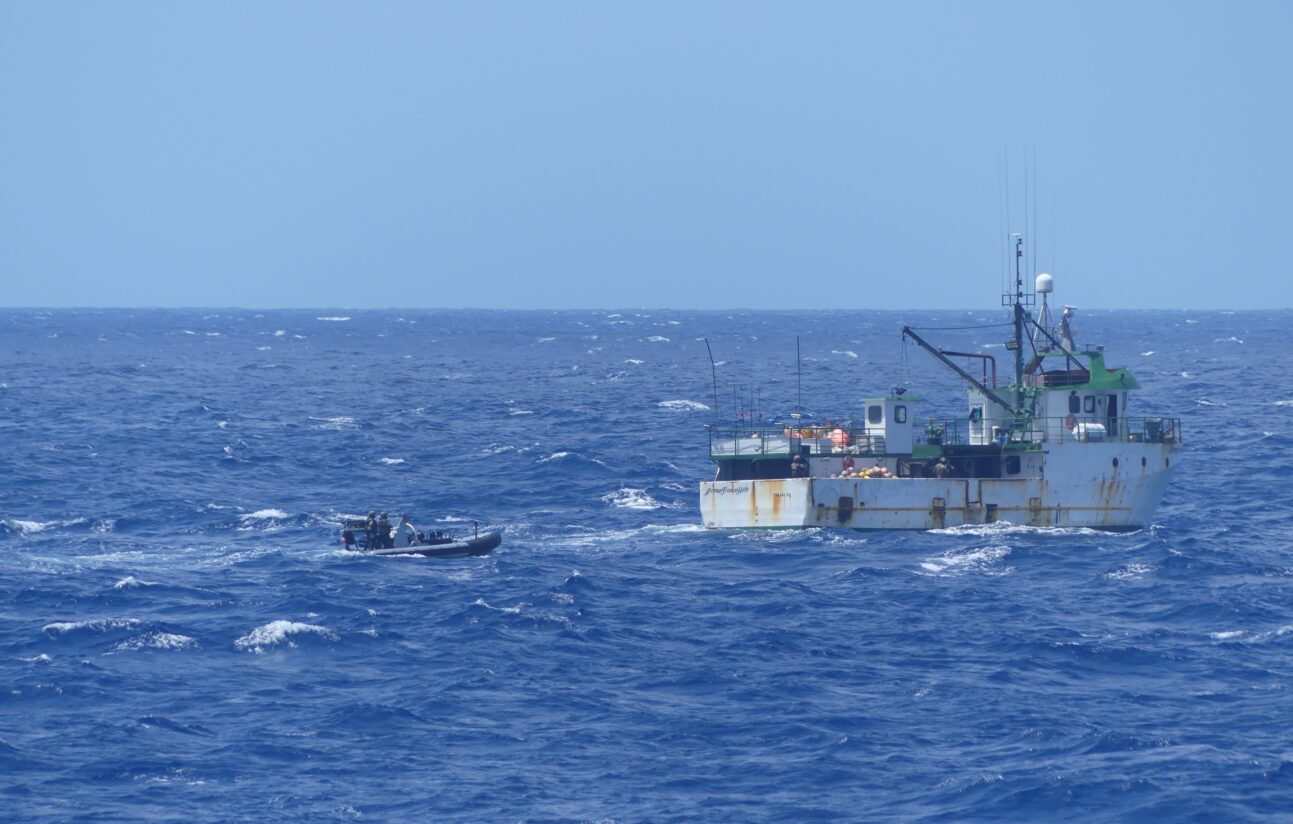 French Navy photo showing a boarding team approaching a suspected drug smuggling vessel off West Africa