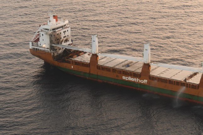 Photo shows damage to the M/V Minervagracht following a Houthi missile attack in the Gulf of Aden